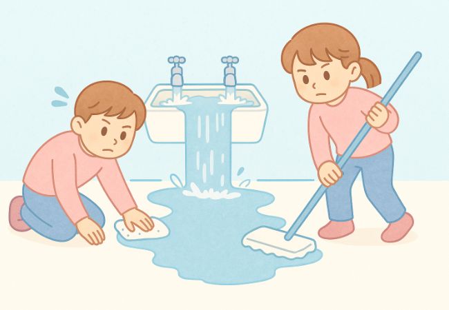 蛇口から水が出続けているのに、床の水を一生懸命拭き続けている二人